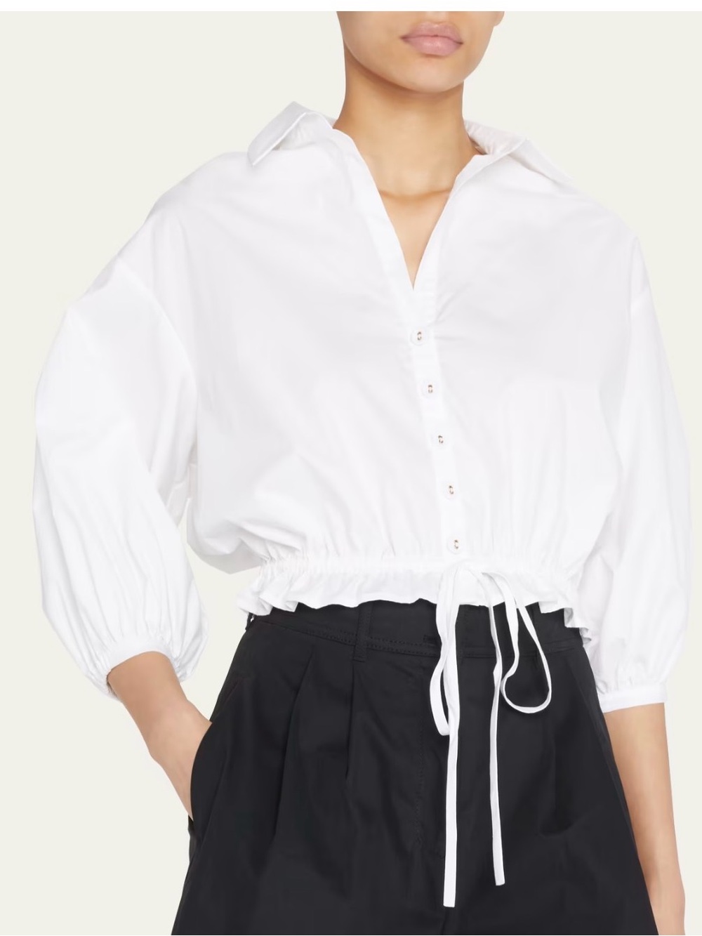 Cara Cara White Cropped Drawstring Button-Down Blouse